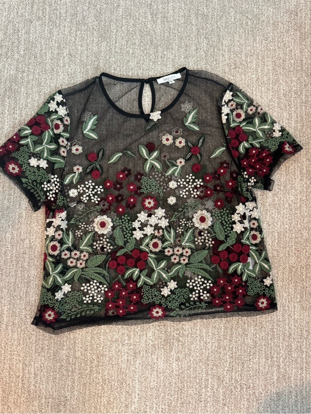 Lucy Paris Black Sheer Floral Embroidered Top